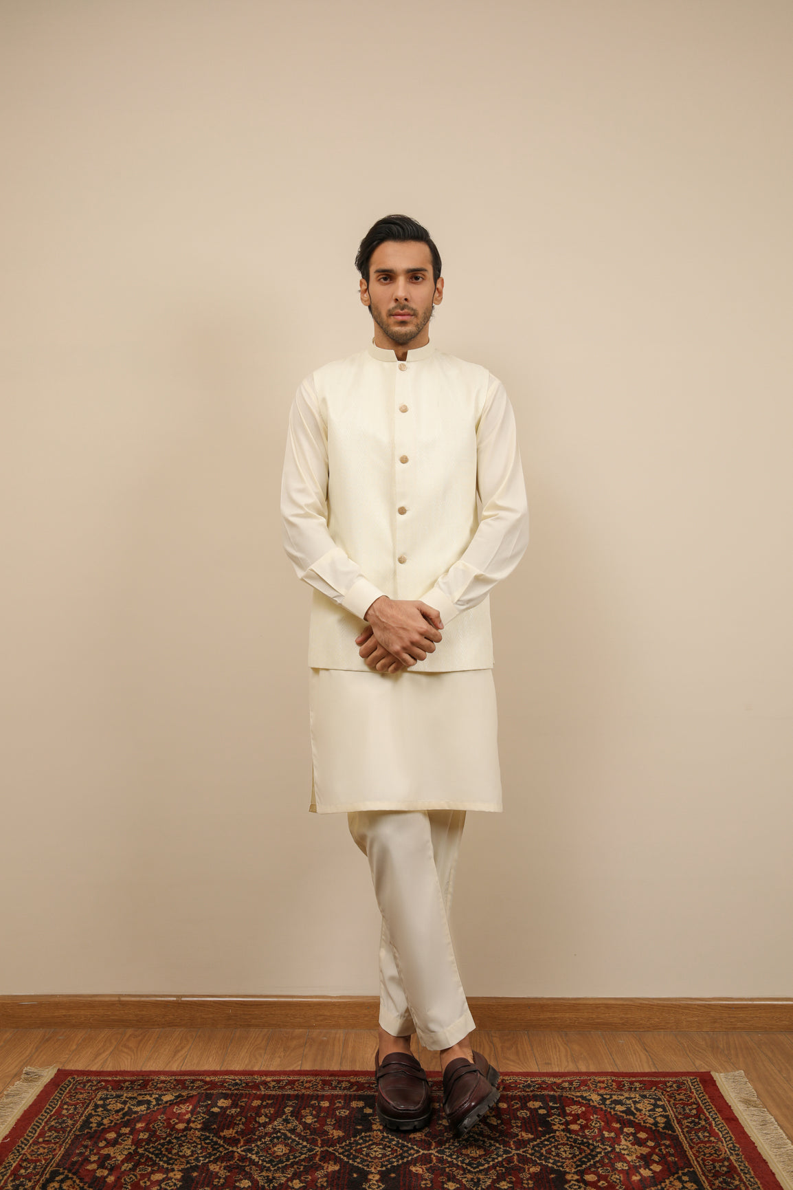 Off White Jamawar Waistcoat Kurta Set (3-Piece) - Image 3