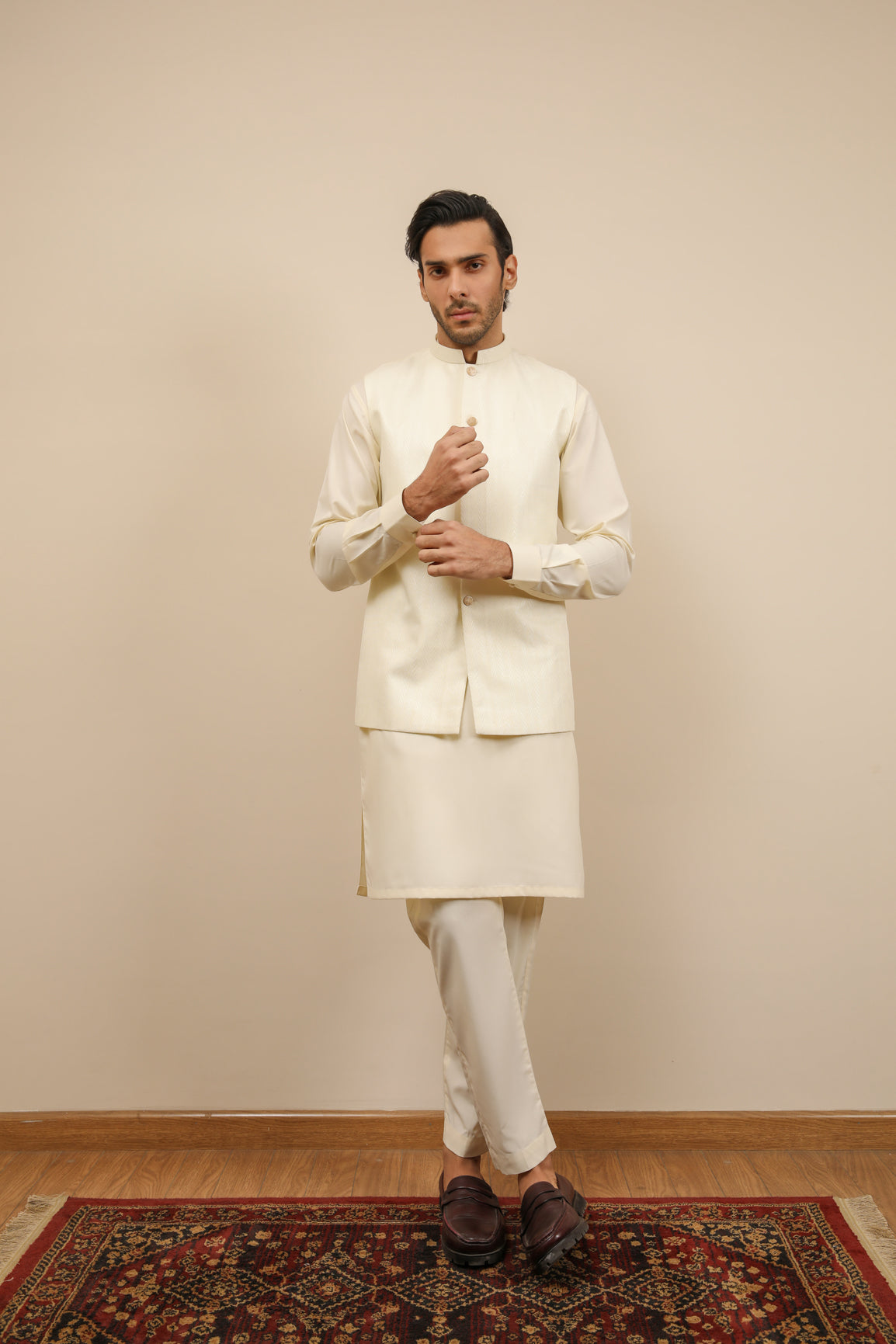 Off White Jamawar Waistcoat Kurta Set (3-Piece) - Image 4