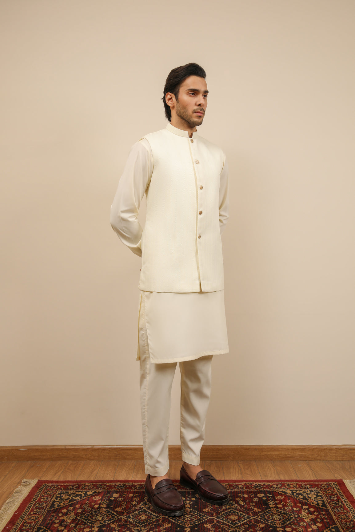 Off White Jamawar Waistcoat Kurta Set (3-Piece) - Image 5