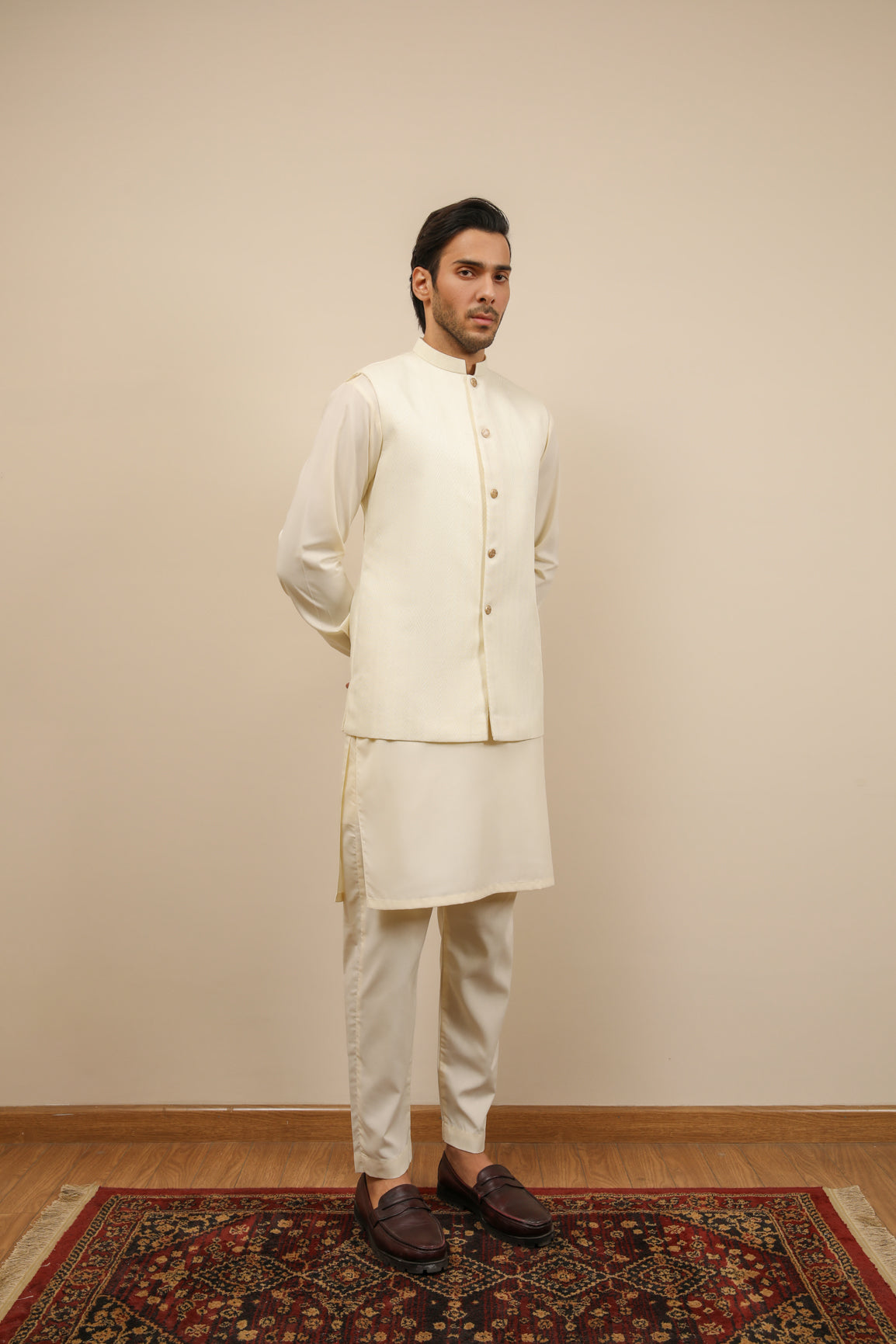 Off White Jamawar Waistcoat Kurta Set (3-Piece) - Image 6
