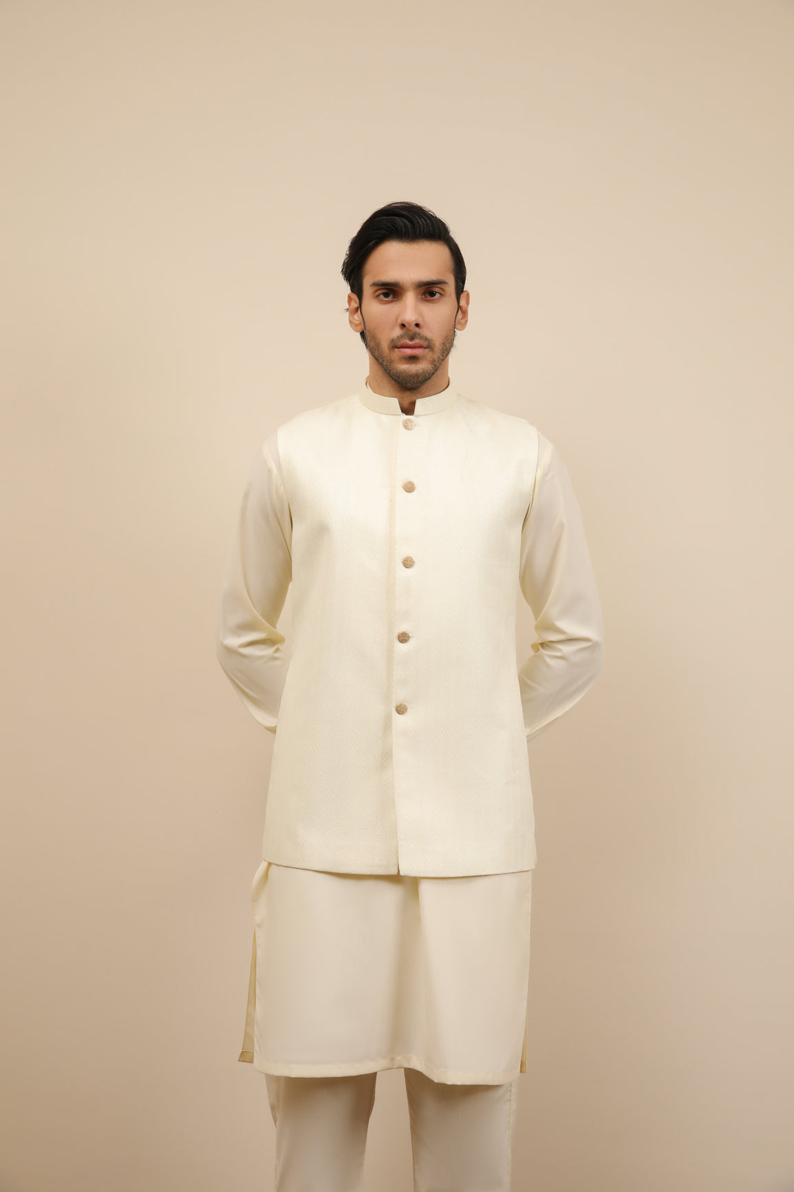 Off White Jamawar Waistcoat Kurta Set (3-Piece) - Image 9