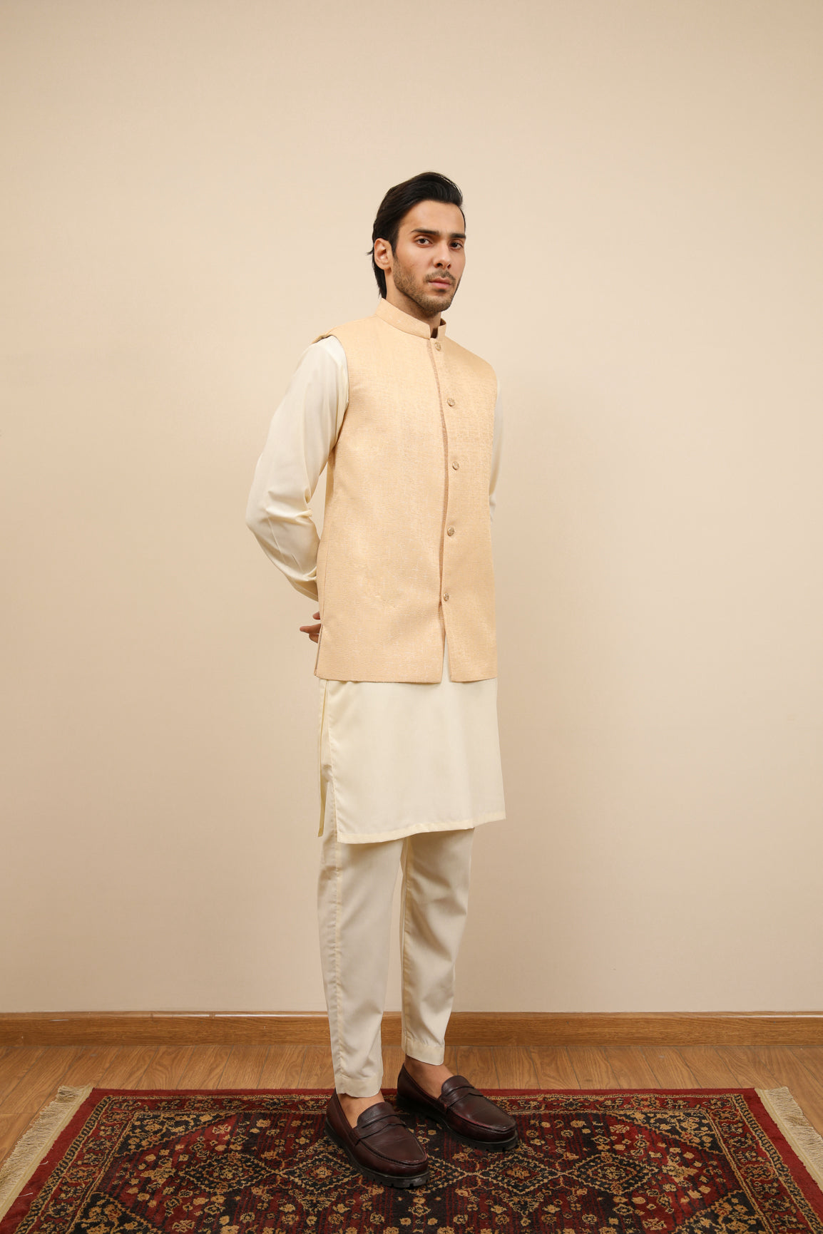 Off-White Jamawar Waistcoat Kurta Trouser (3-Piece) - Image 1