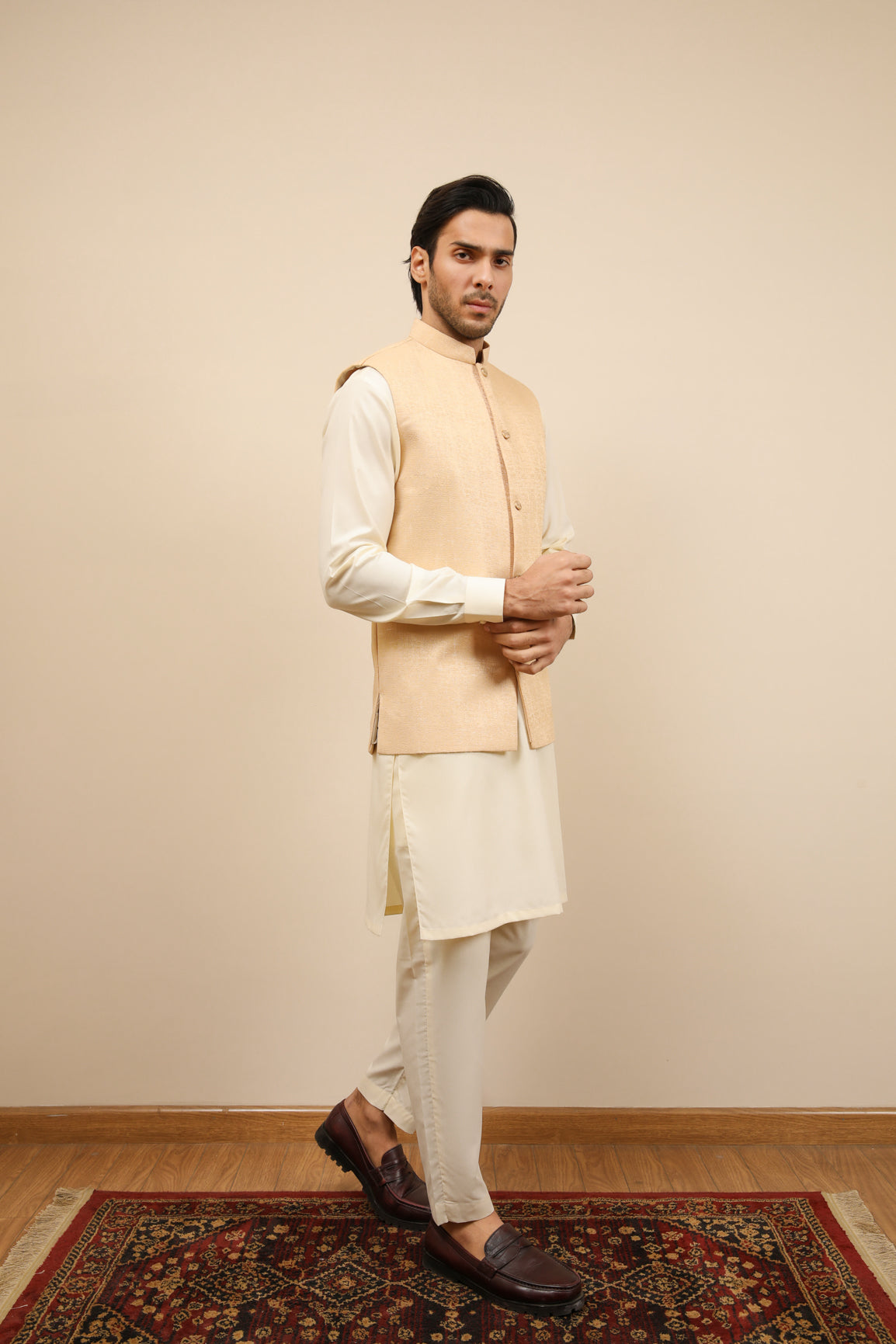 Off-White Jamawar Waistcoat Kurta Trouser (3-Piece) - Image 2