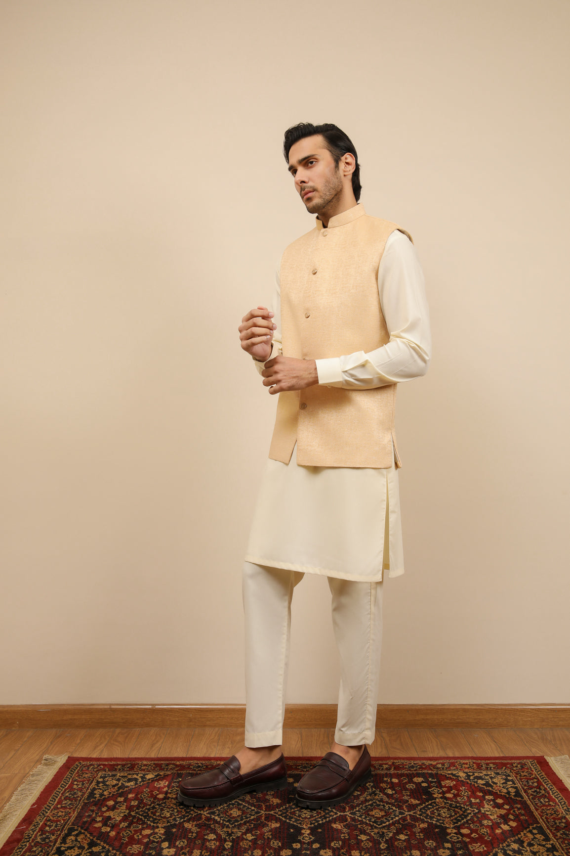 Off-White Jamawar Waistcoat Kurta Trouser (3-Piece) - Image 5