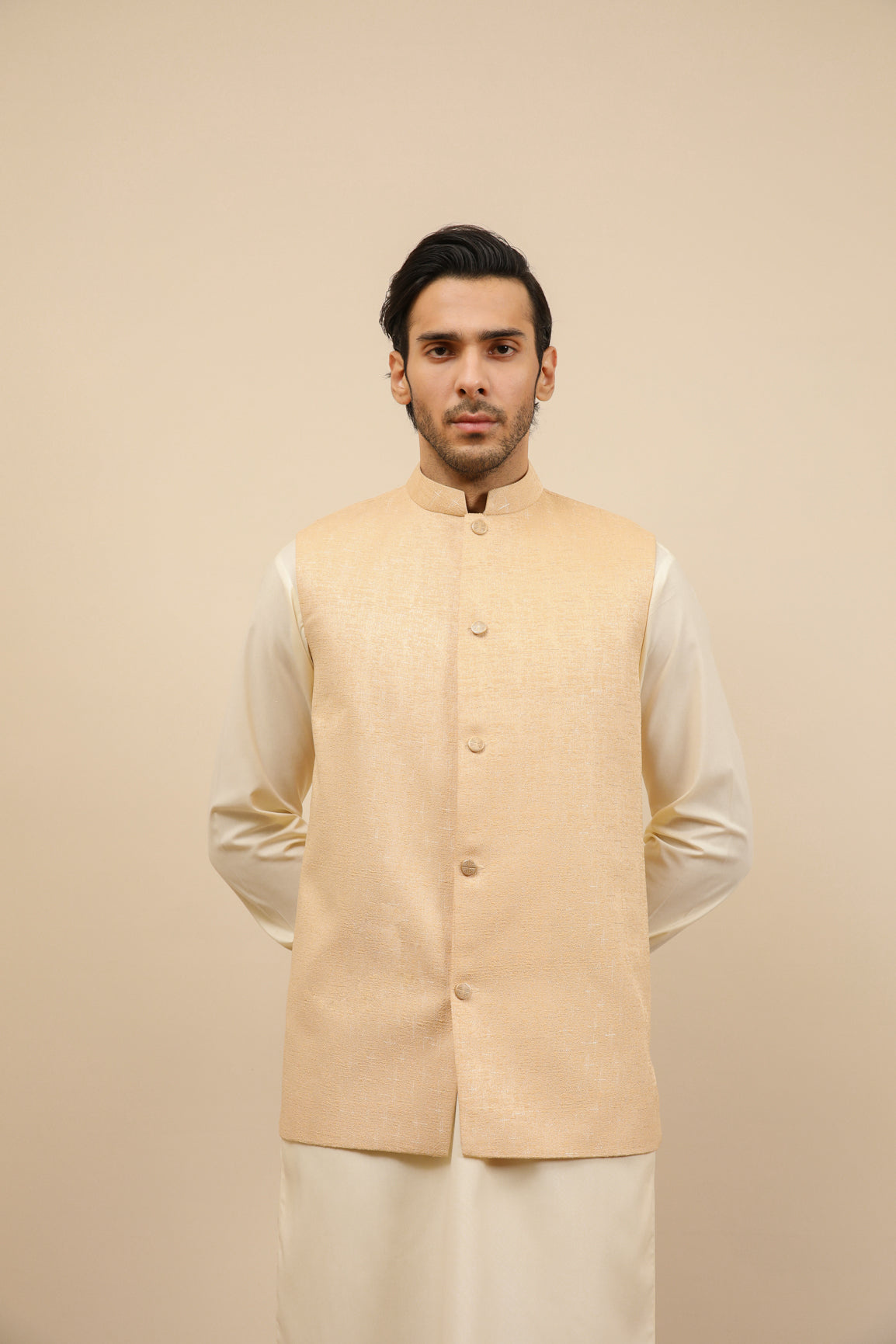 Off-White Jamawar Waistcoat Kurta Trouser (3-Piece) - Image 6