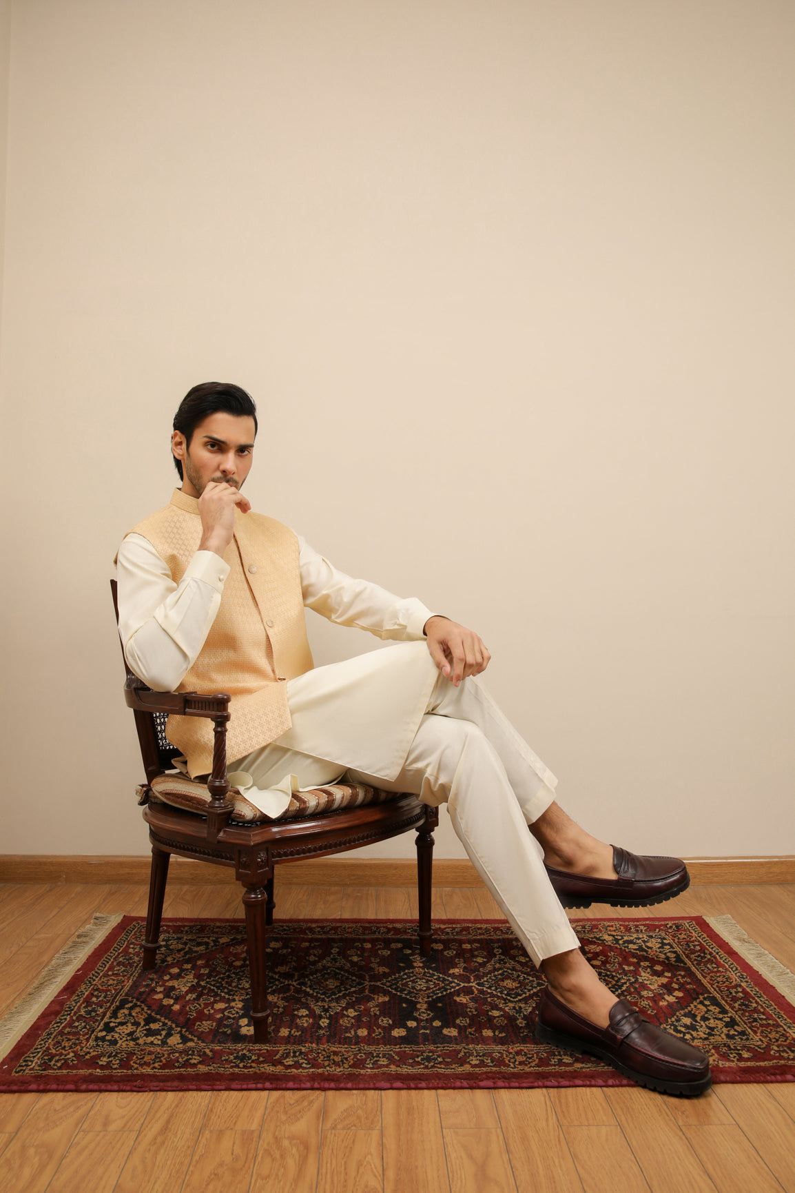 Off White Jamawar Waistcoat Kurta Set (3-Piece) - Image 10