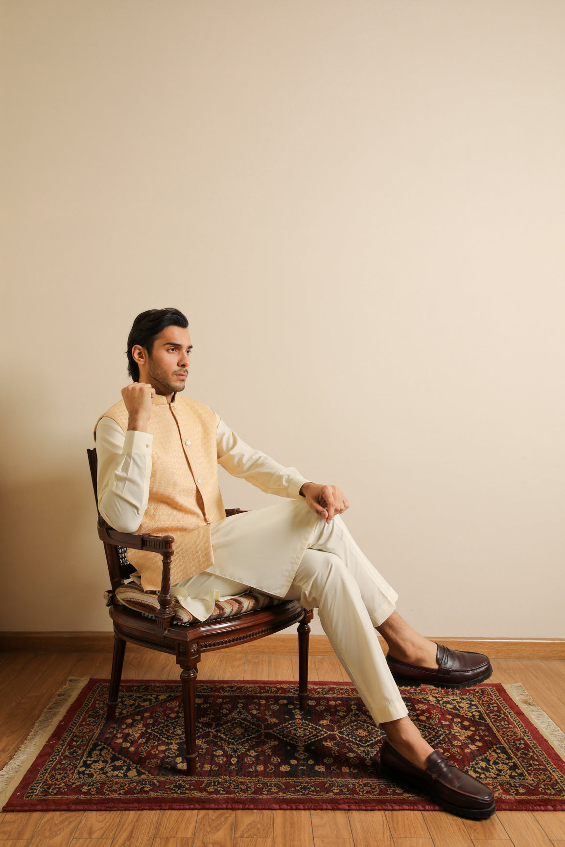 Off White Jamawar Waistcoat Kurta Set (3-Piece) - Image 11