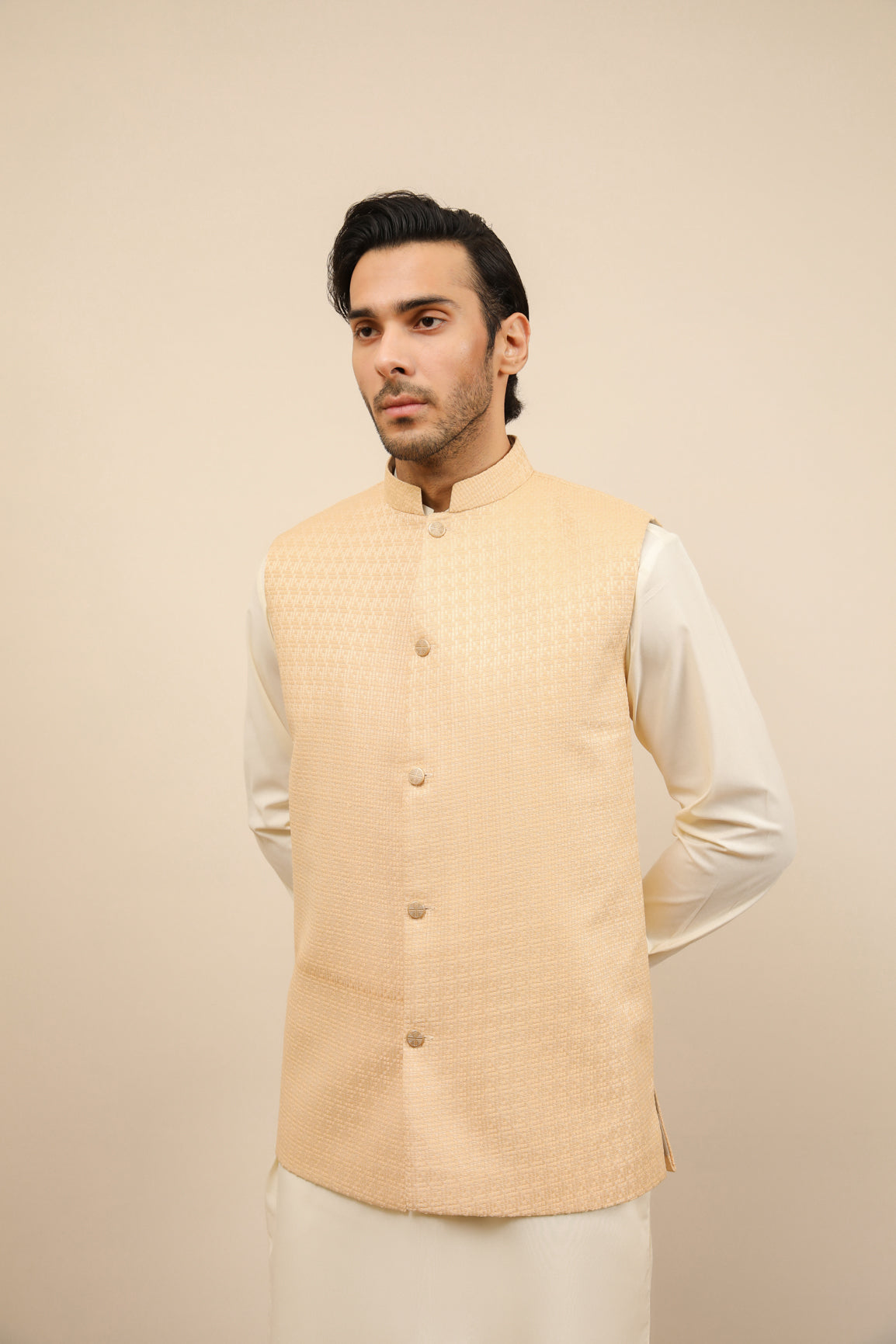 Off White Jamawar Waistcoat Kurta Set (3-Piece) - Image 6