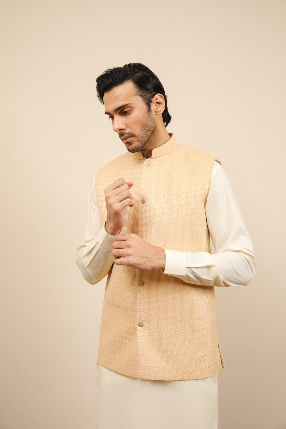 Off White Jamawar Waistcoat Kurta Set (3-Piece) - Image 7