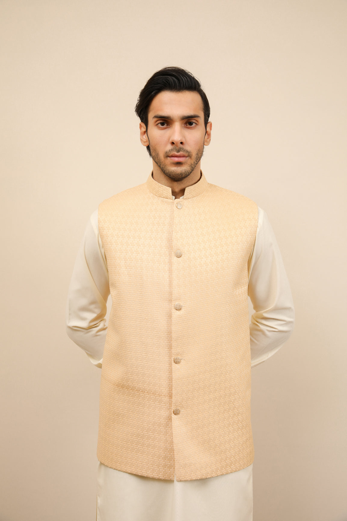 Off White Jamawar Waistcoat Kurta Set (3-Piece) - Image 8