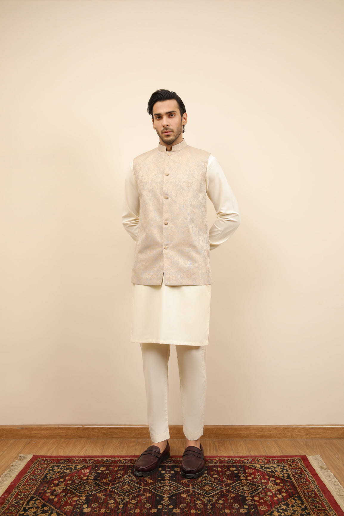 Off-White Jamawar Waistcoat Kurta Trouser (3-Piece) - Image 2