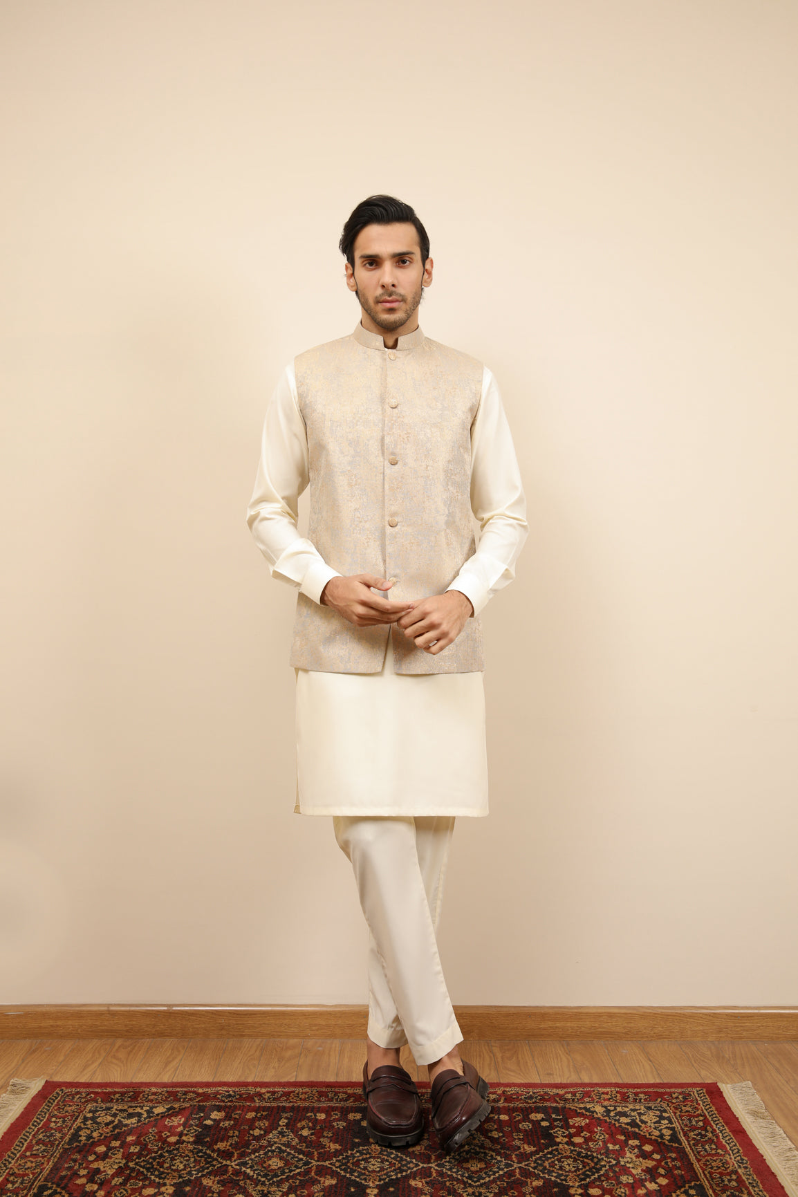 Off-White Jamawar Waistcoat Kurta Trouser (3-Piece) - Image 3