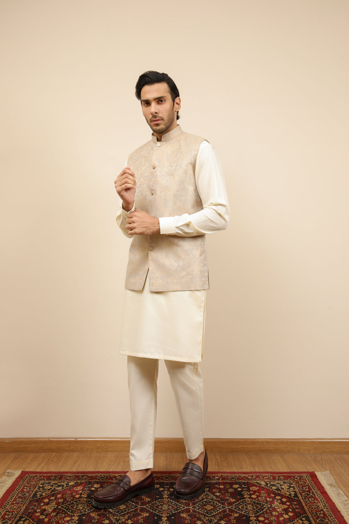 Off-White Jamawar Waistcoat Kurta Trouser (3-Piece) - Image 5