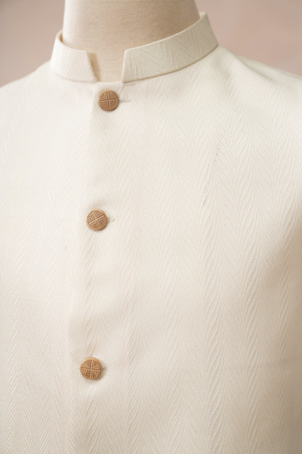 Off White Woven Jamawar Waistcoat Kurta (3-Piece) - Image 1