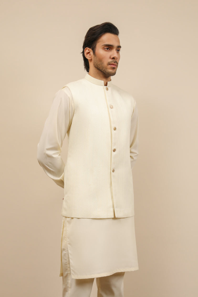 Off White Woven Jamawar Waistcoat Kurta (3-Piece) - Image 3