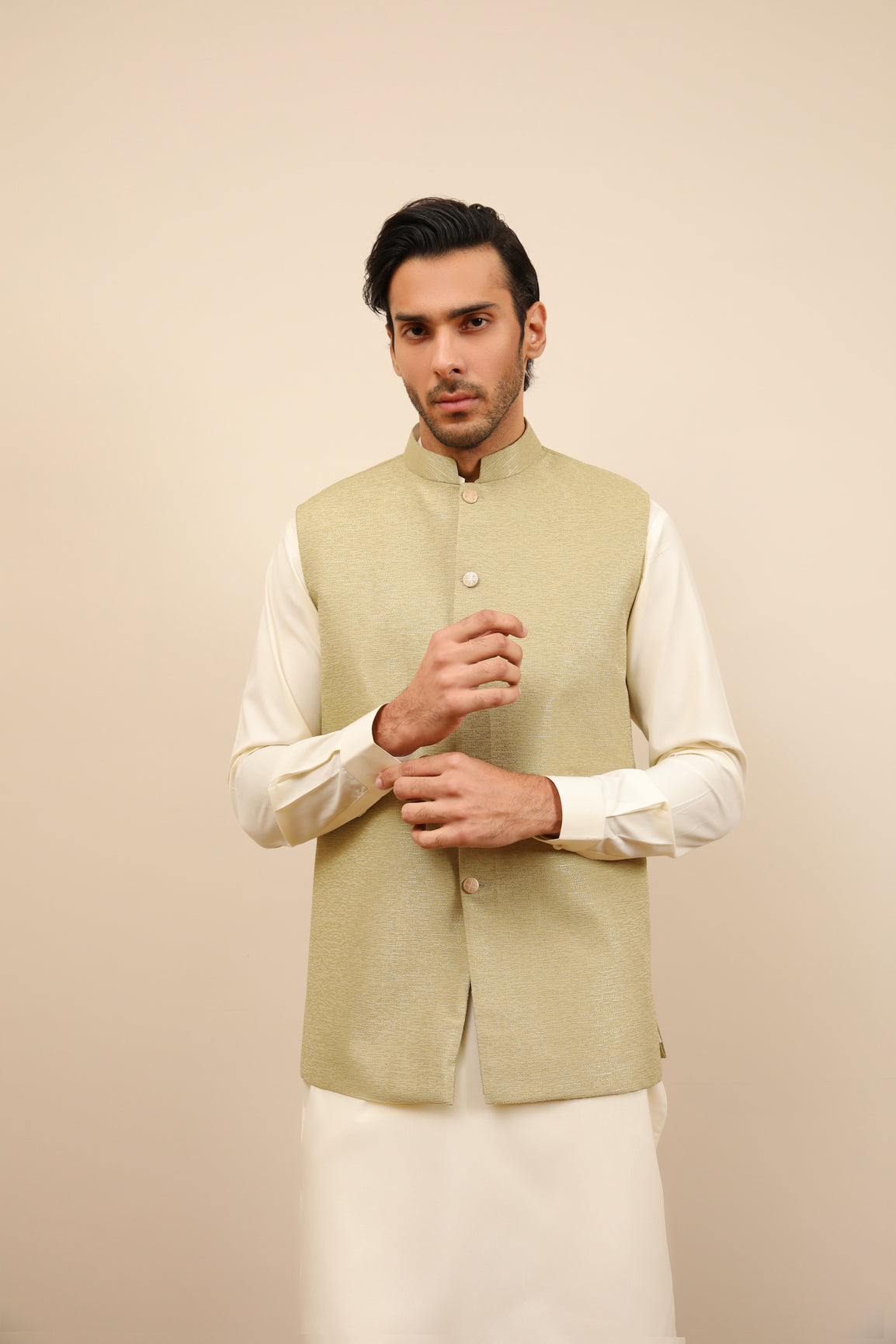 Off-White Jamawar Waistcoat Kurta Set (3-Piece) - Image 6