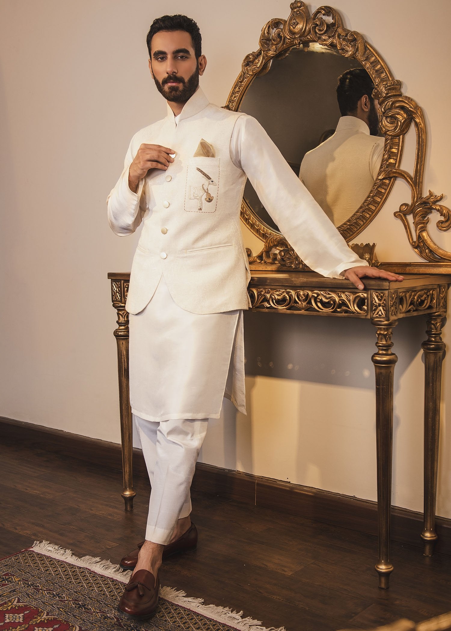 Ivory Resham Embroidered Karandi Waistcoat Kurta (3-Piece) - Image 1