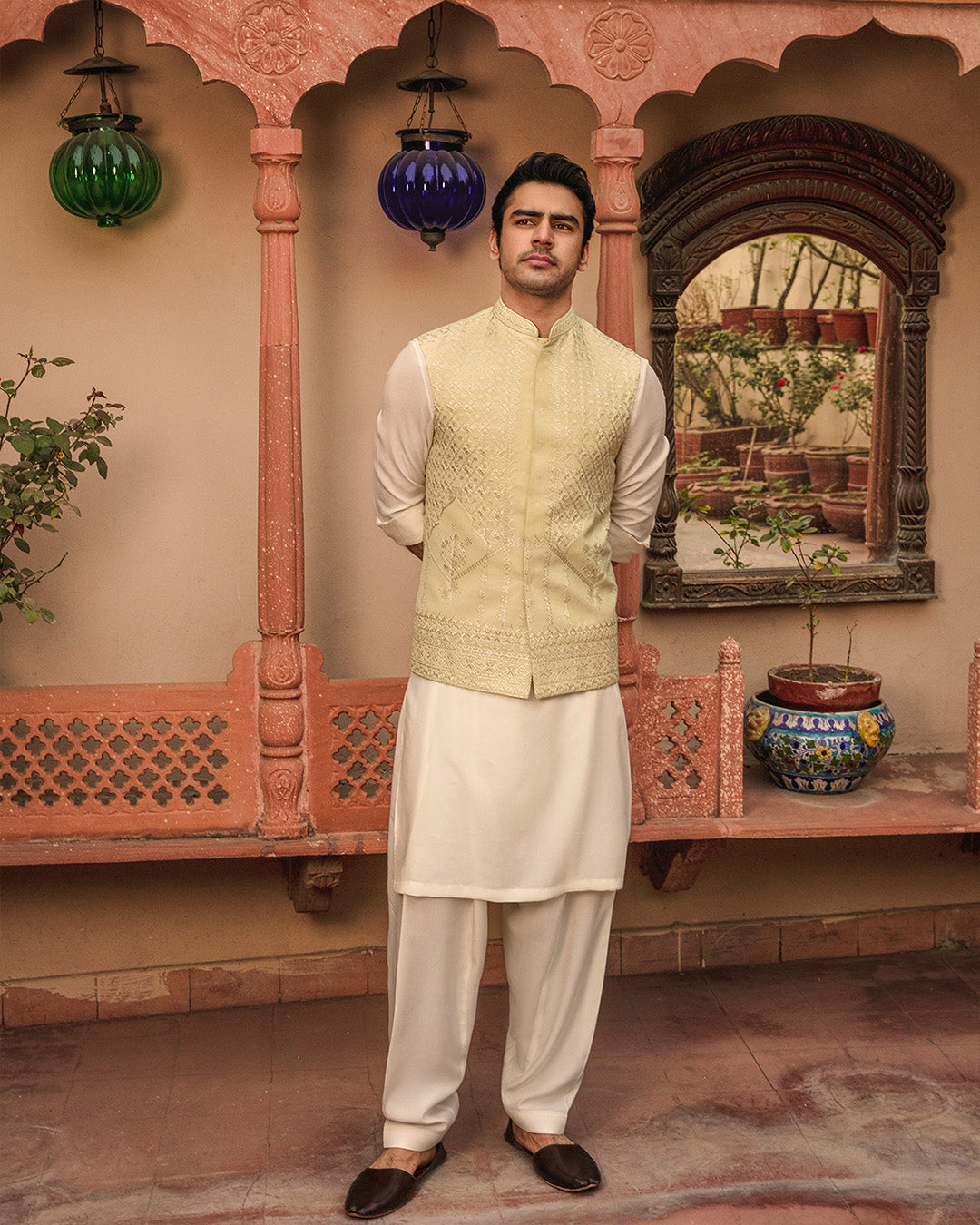 Off-White Boski Kurta Shalwar with Embroidered Waistcoat (3-Piece) - Image 1