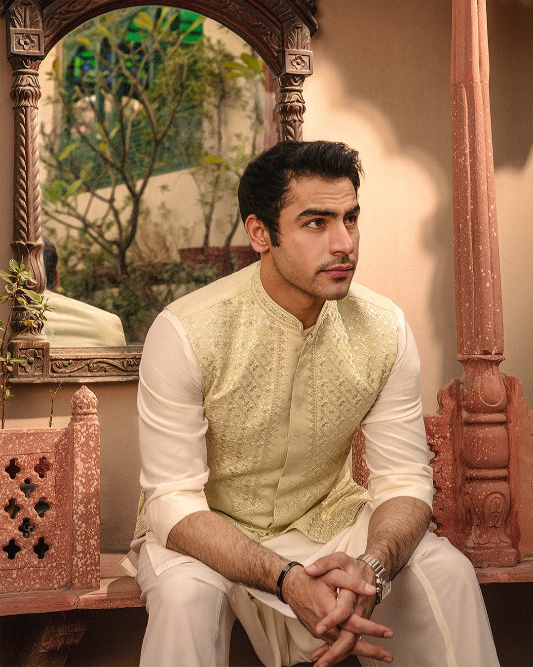 Off-White Boski Kurta Shalwar with Embroidered Waistcoat (3-Piece) - Image 4