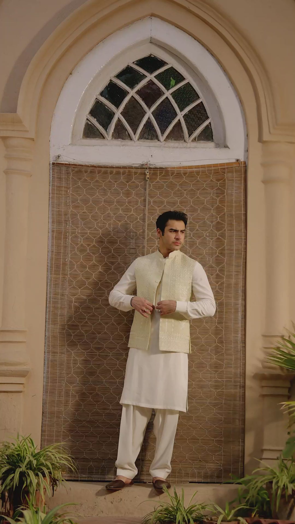 Off-White Boski Kurta Shalwar with Embroidered Waistcoat (3-Piece) - Image 6