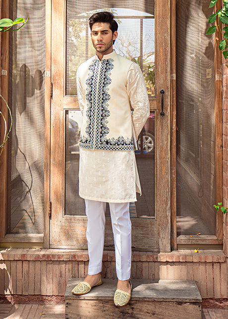 Cream Karandi Waistcoat with Black Embroidered Borders (3-Piece) - Image 1