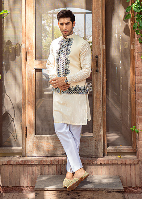 Cream Karandi Waistcoat with Black Embroidered Borders (3-Piece) - Image 2