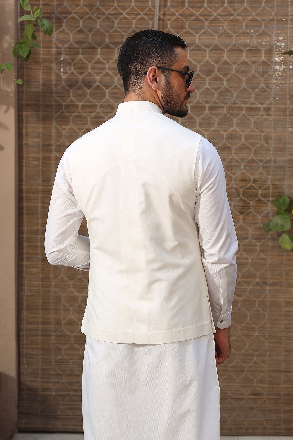 Off-White Karandi Waistcoat with Mandarin Collar (3-Piece) - Image 3