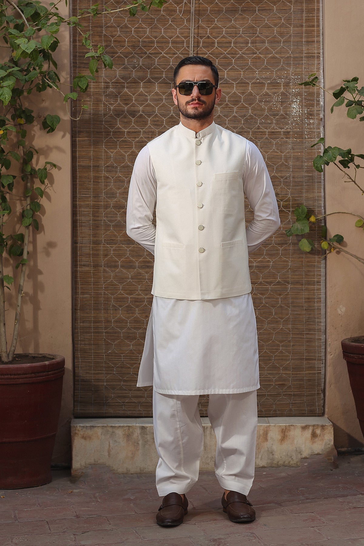 Off-White Karandi Waistcoat with Mandarin Collar (3-Piece) - Image 4