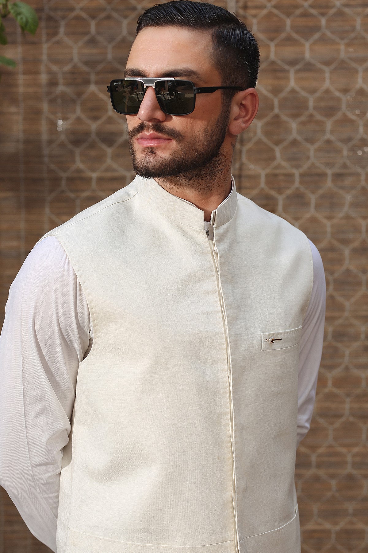 Off-White Karandi Waistcoat with Mandarin Collar (3-Piece) - Image 6