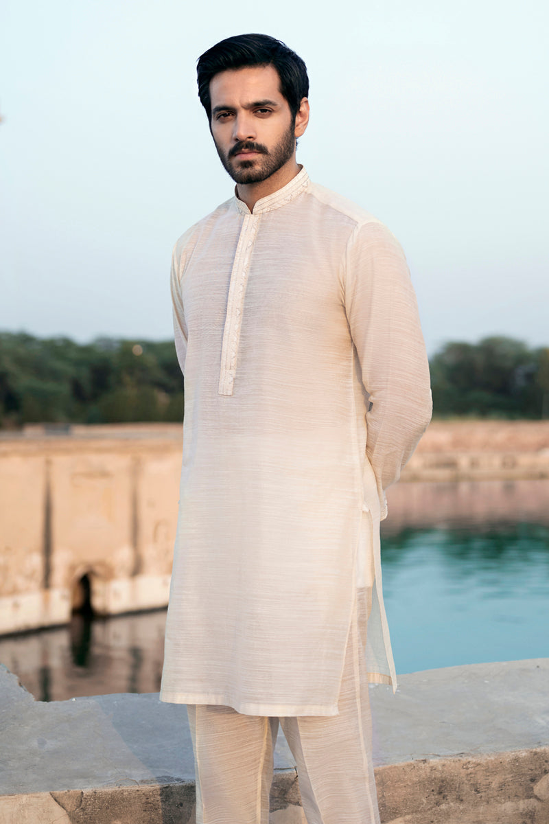 Ivory Embroidered Khaadi Slub Waistcoat Kurta (3-Piece) - Image 1
