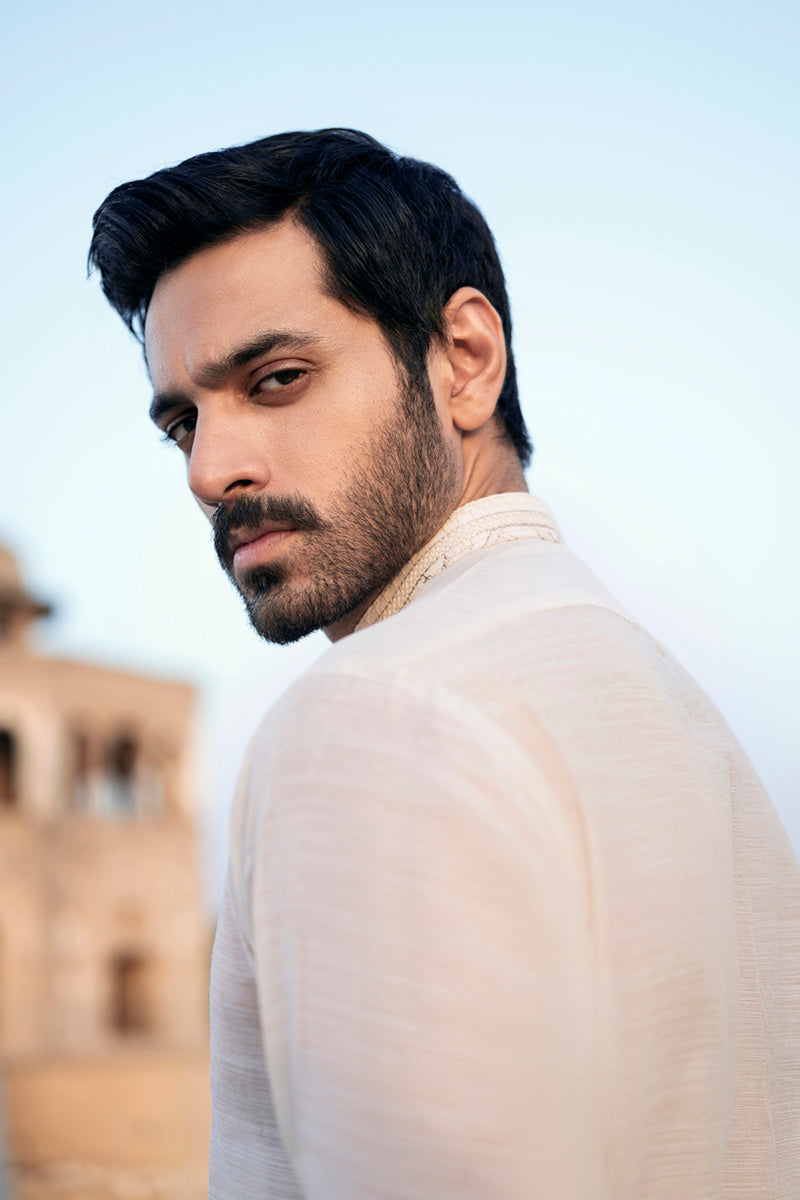 Ivory Embroidered Khaadi Slub Waistcoat Kurta (3-Piece) - Image 2