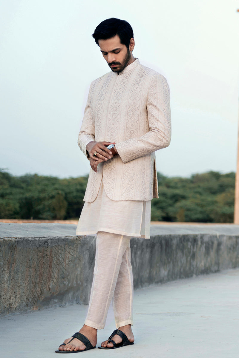 Ivory Embroidered Khaadi Slub Waistcoat Kurta (3-Piece) - Image 3