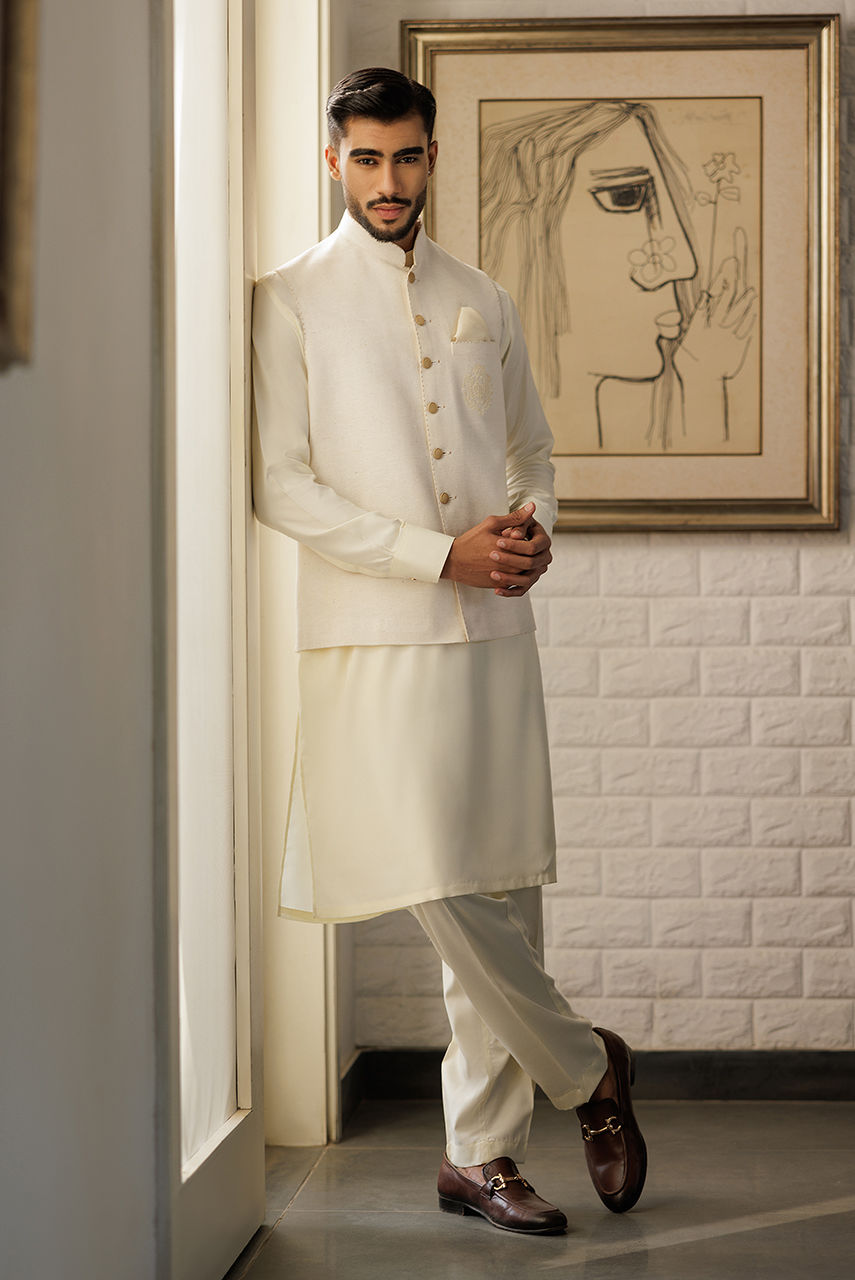Off-White Embroidered Khaddar Waistcoat (1-Pc) - Image 1