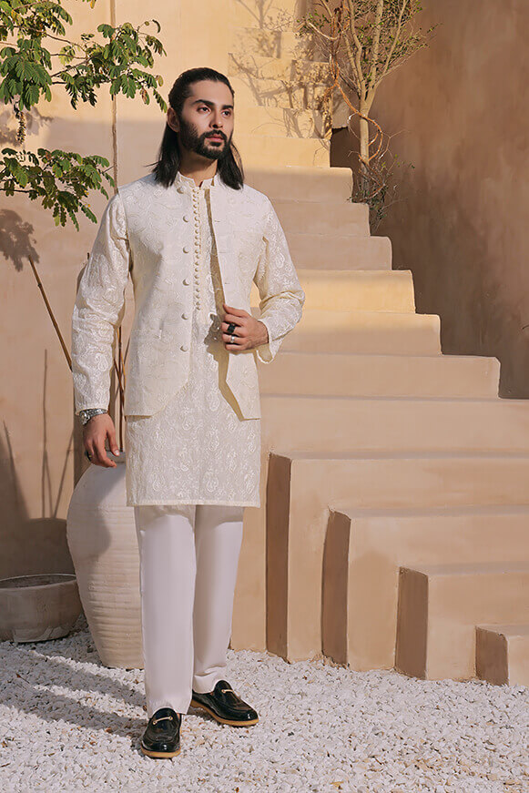Ivory Embroidered Khaddi Cotton Waistcoat Kurta (3-Piece) - Image 1