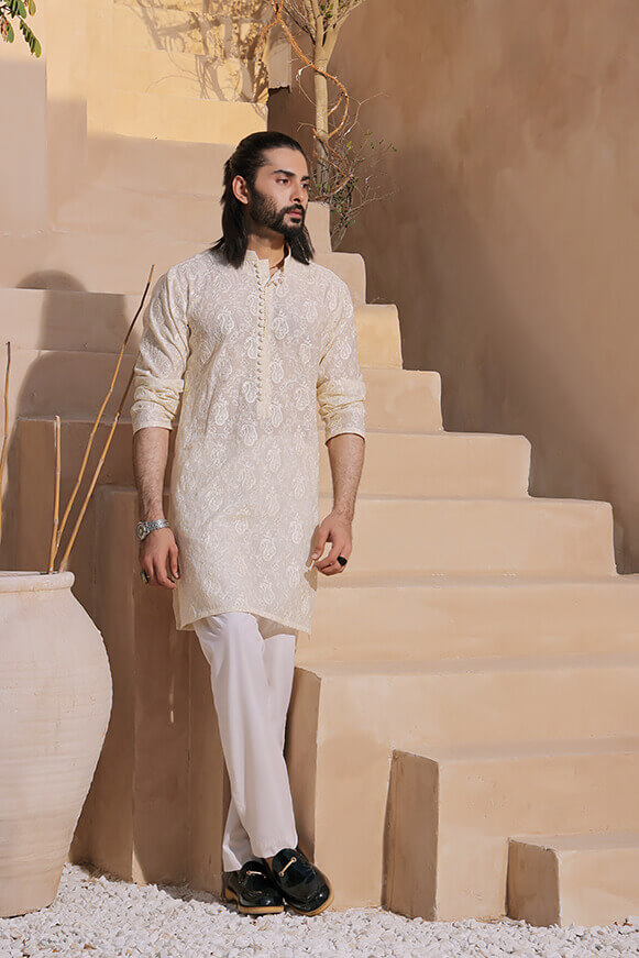 Ivory Embroidered Khaddi Cotton Waistcoat Kurta (3-Piece) - Image 2