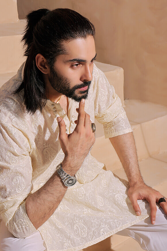 Ivory Embroidered Khaddi Cotton Waistcoat Kurta (3-Piece) - Image 3