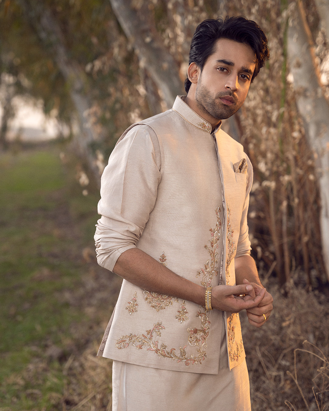 Ivory Embroidered Korean Raw Silk Waistcoat Kurta (3-Piece) - Image 2