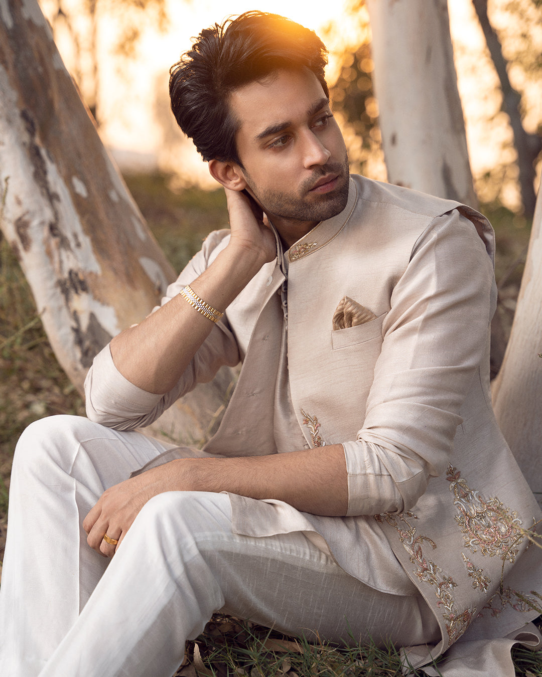 Ivory Embroidered Korean Raw Silk Waistcoat Kurta (3-Piece) - Image 5