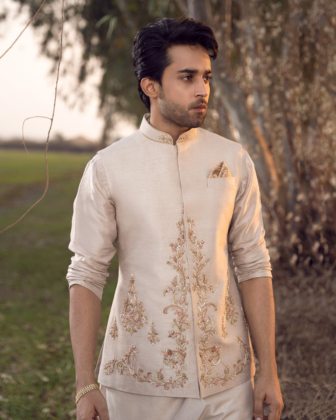 Ivory Embroidered Korean Raw Silk Waistcoat Kurta (3-Piece) - Image 3