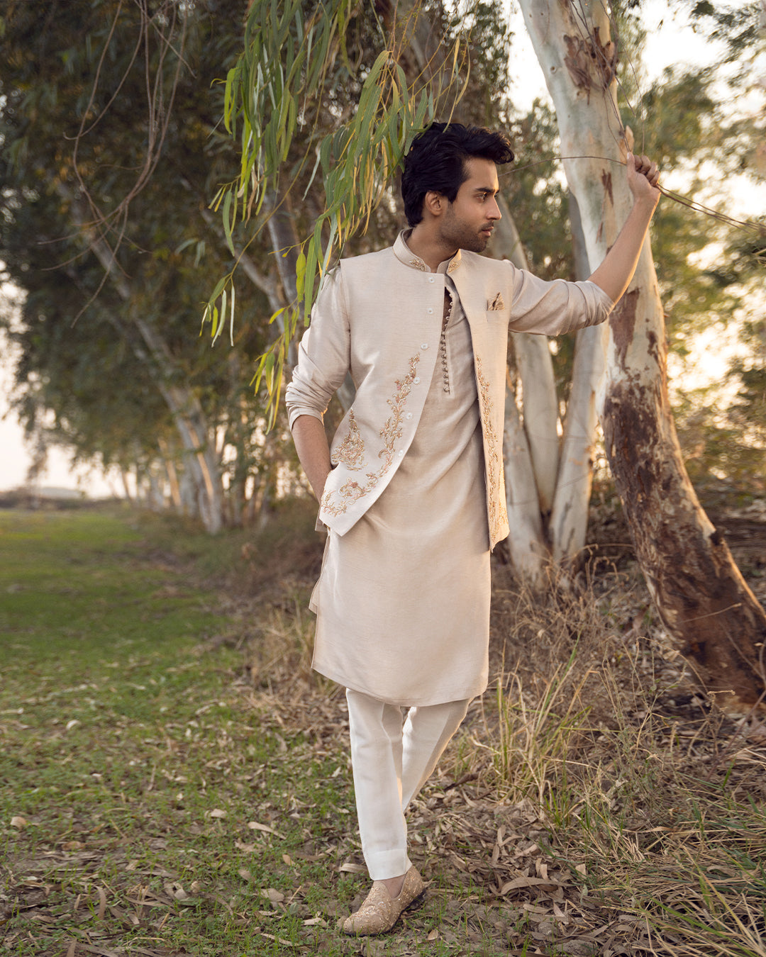 Ivory Embroidered Korean Raw Silk Waistcoat Kurta (3-Piece) - Image 1