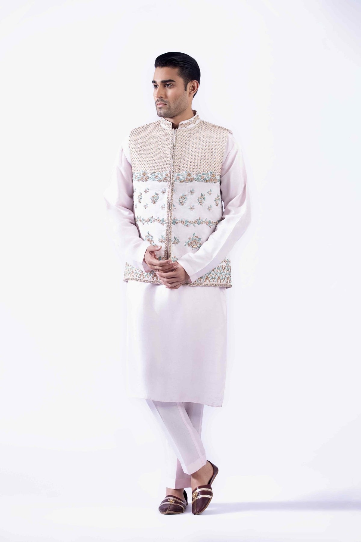 Ivory Embroidered Korean Raw Silk Waistcoat Kurta (4-Piece) - Image 1