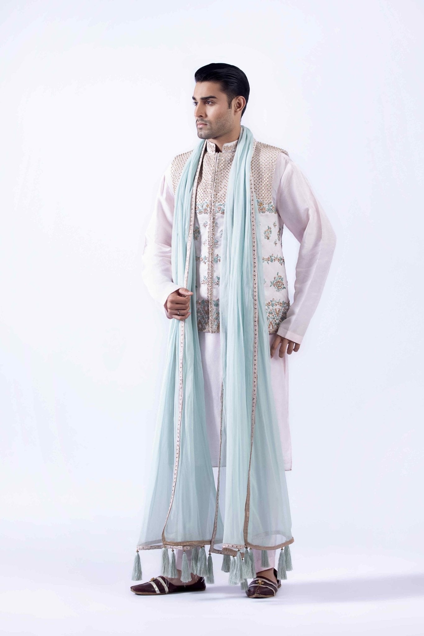 Ivory Embroidered Korean Raw Silk Waistcoat Kurta (4-Piece) - Image 3