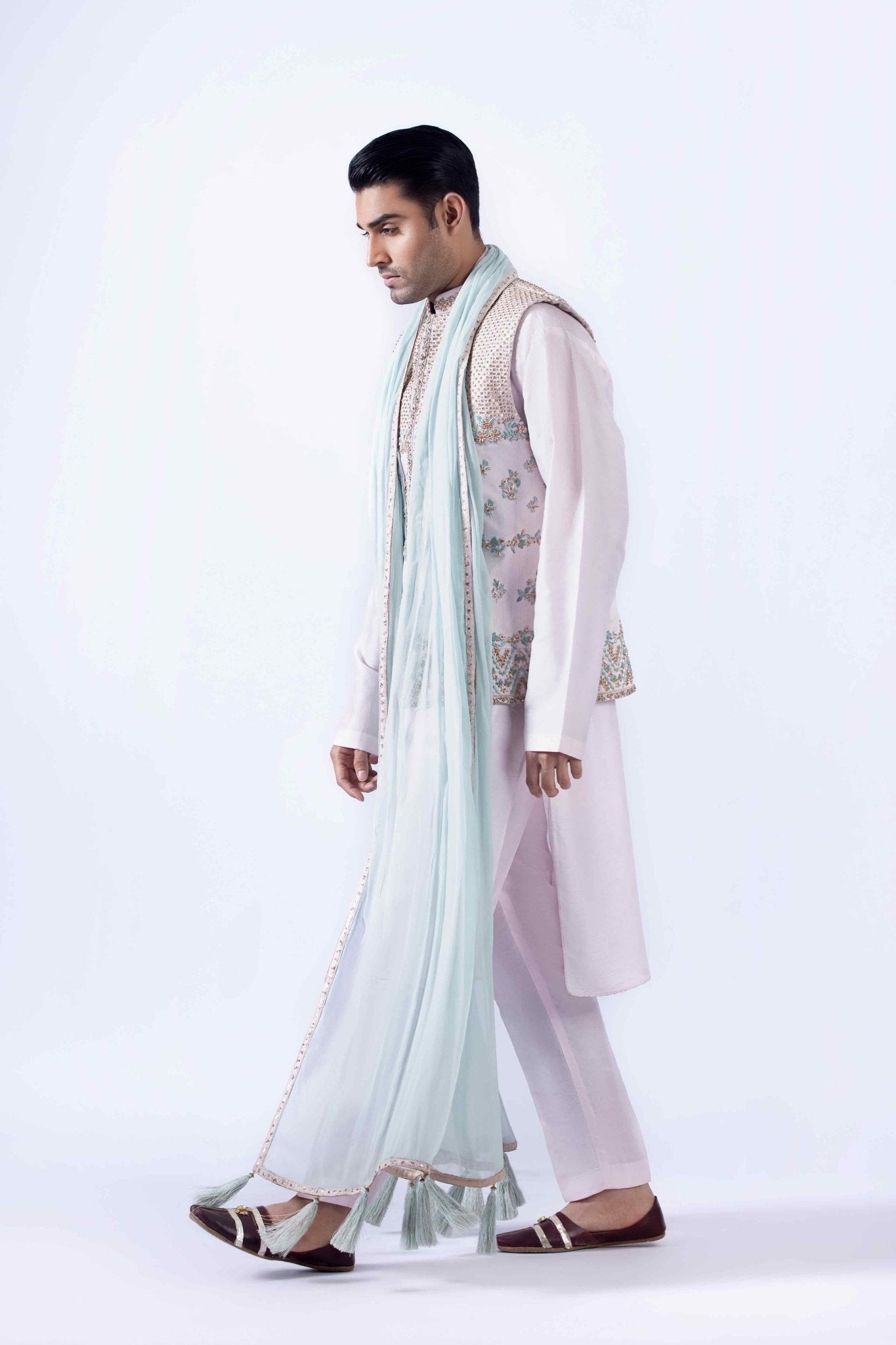 Ivory Embroidered Korean Raw Silk Waistcoat Kurta (4-Piece) - Image 4