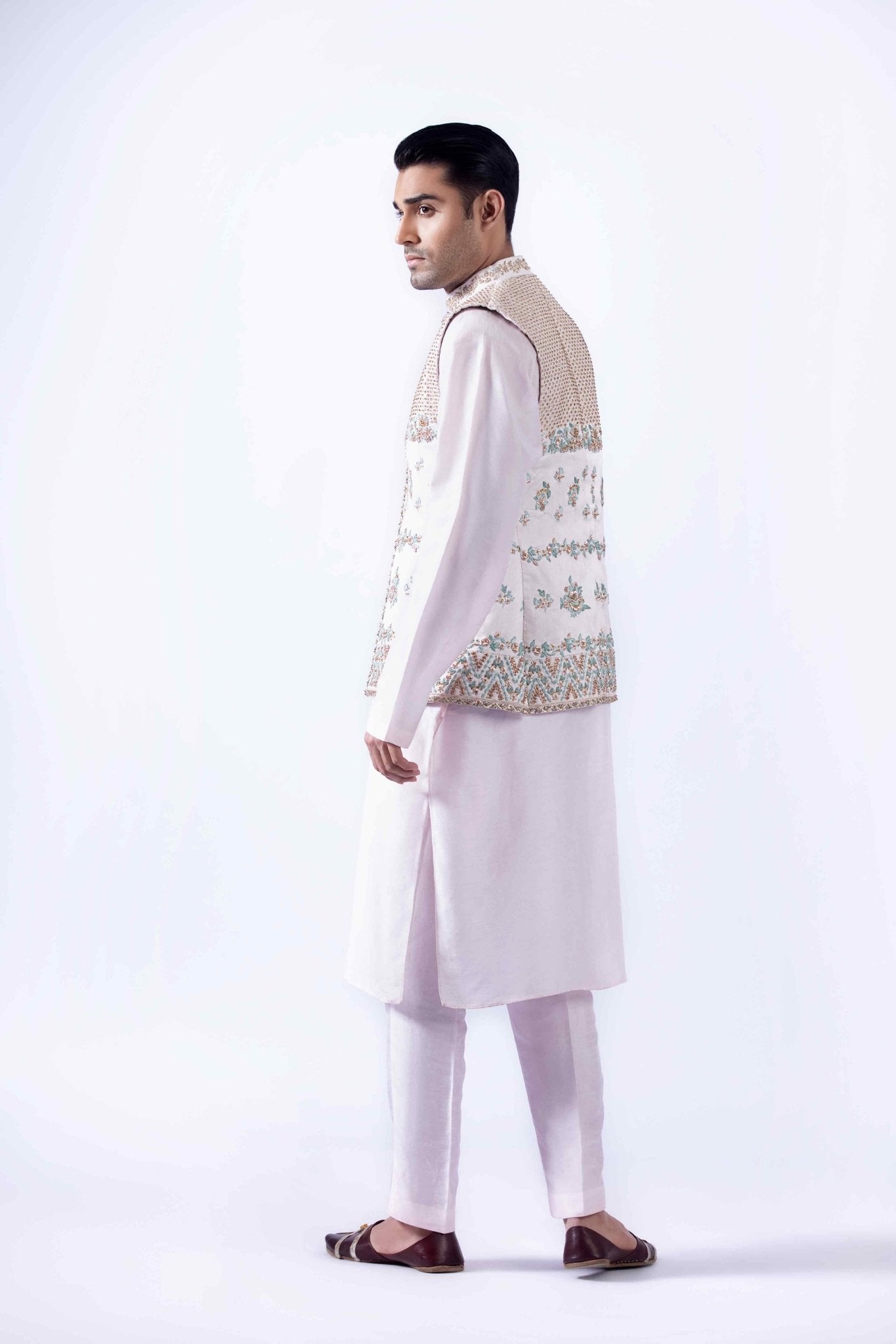 Ivory Embroidered Korean Raw Silk Waistcoat Kurta (4-Piece) - Image 5