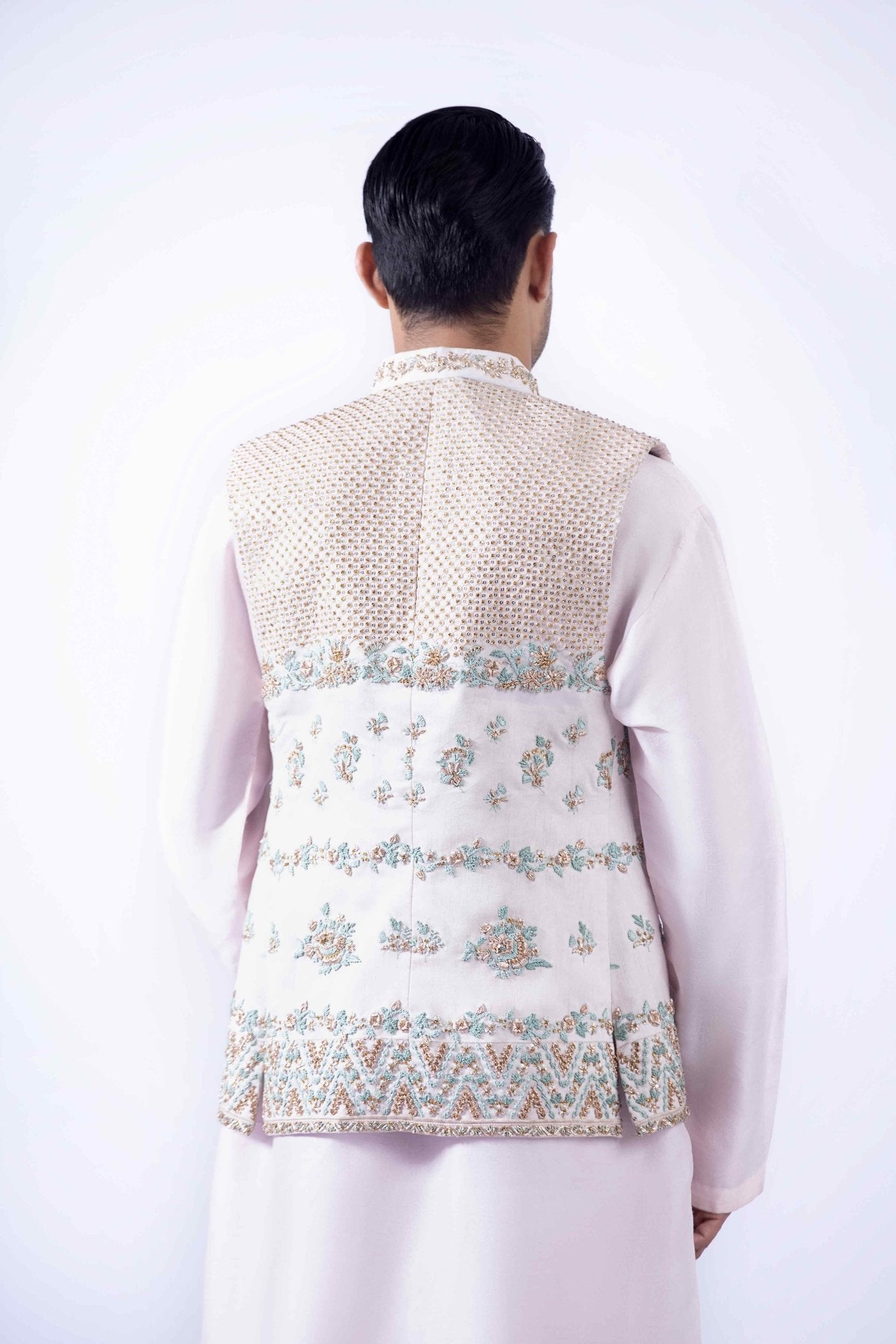 Ivory Embroidered Korean Raw Silk Waistcoat Kurta (4-Piece) - Image 6