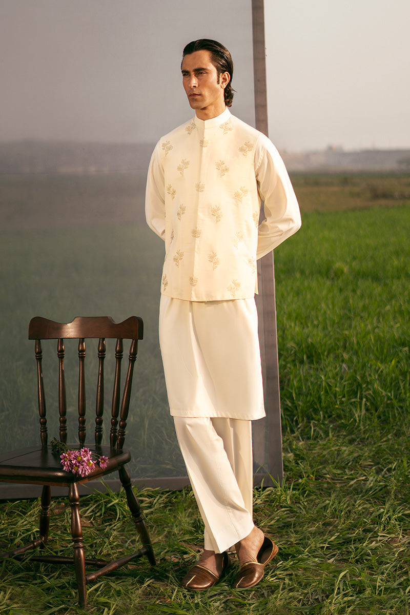 Boski Embroidered Multani Karandi Waistcoat Kurta (3-Piece) - Image 4