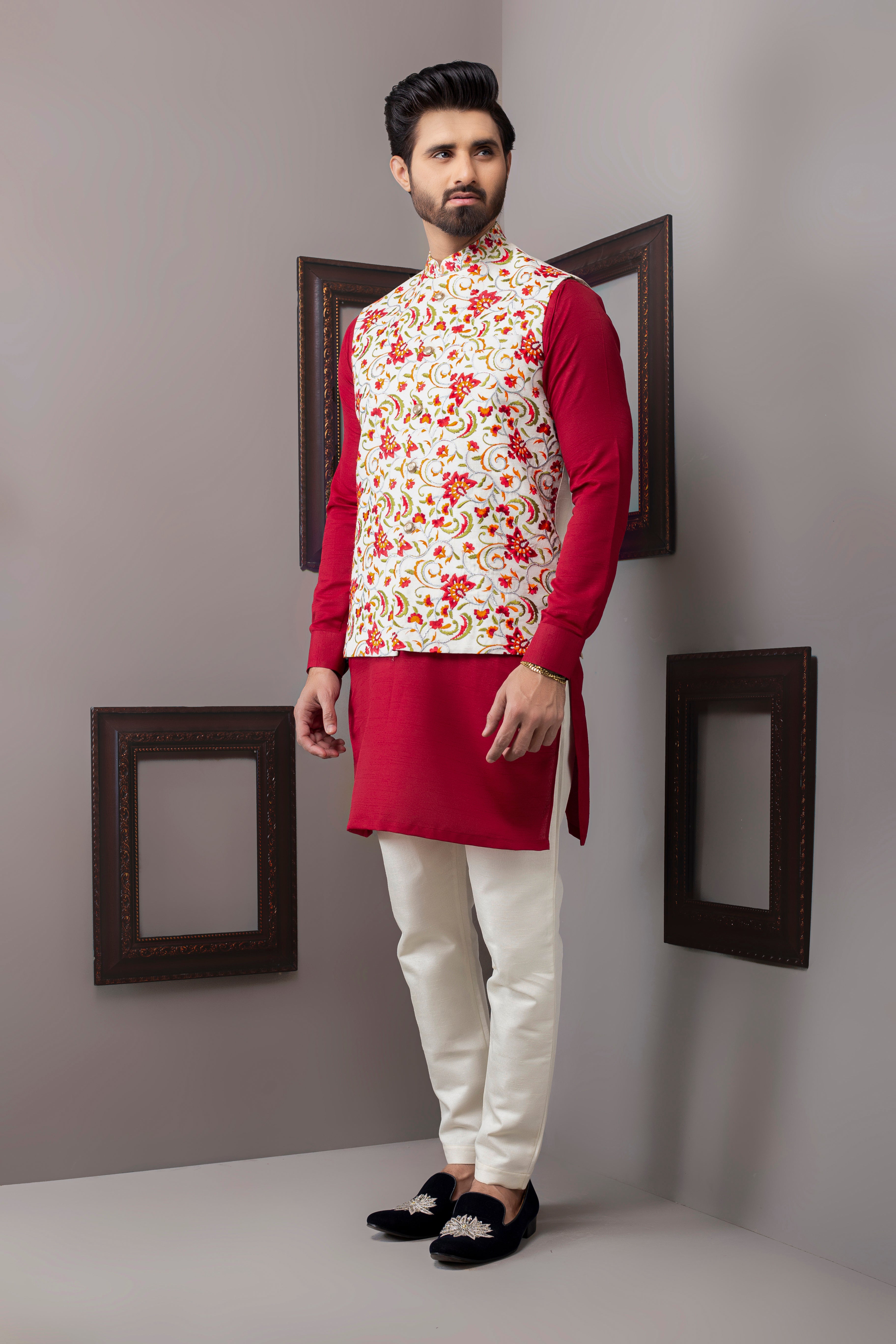 Ivory Multicolour Embroidered Waistcoat Kurta (3-Piece) - Image 1