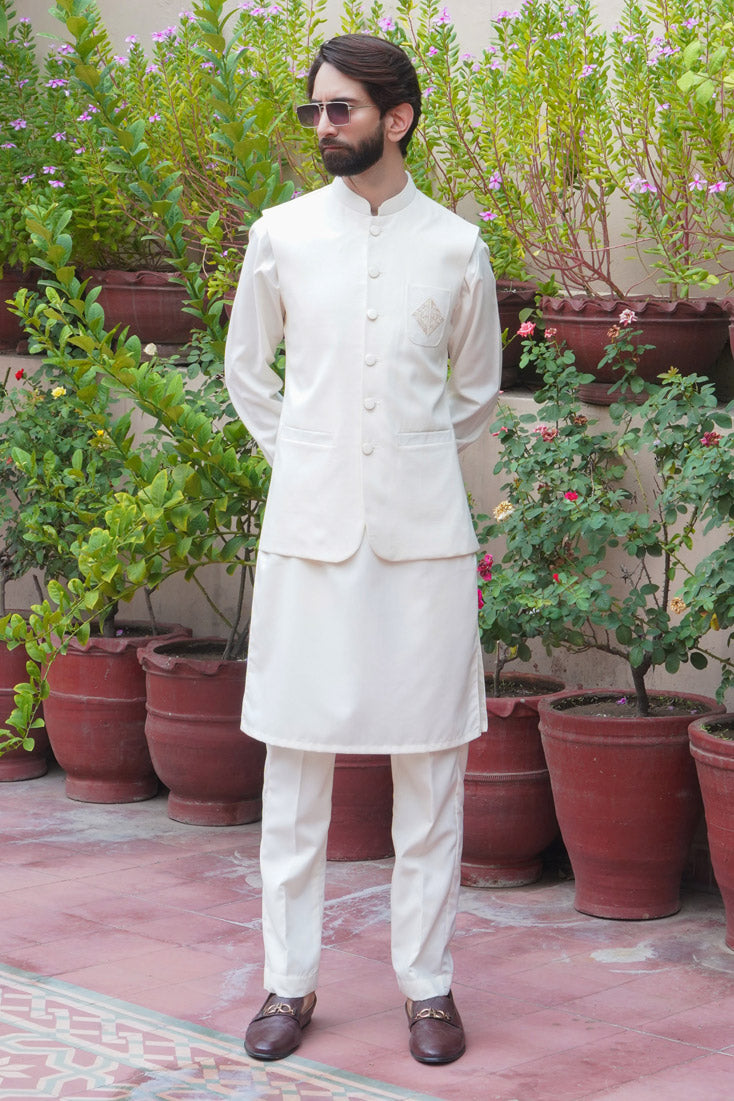 Off-White Embroidered Poly Viscose Waistcoat (3-Piece) - Image 1