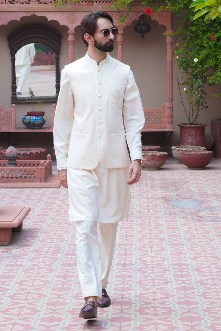 Off-White Embroidered Poly Viscose Waistcoat (3-Piece) - Image 2