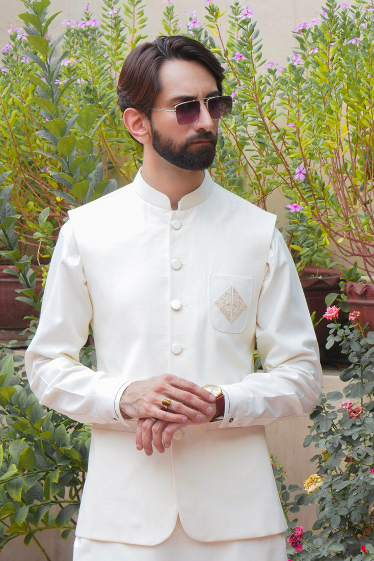 Off-White Embroidered Poly Viscose Waistcoat (3-Piece) - Image 4